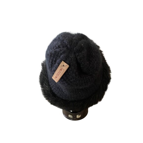 NWT Aris Womens Black Knit Hat With Faux Fur Trim - Picture 5 of 9